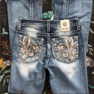 Miss Me Light Blue Boot Cut Jeans with Beige Fleur-de-Lis Embroidery size 26